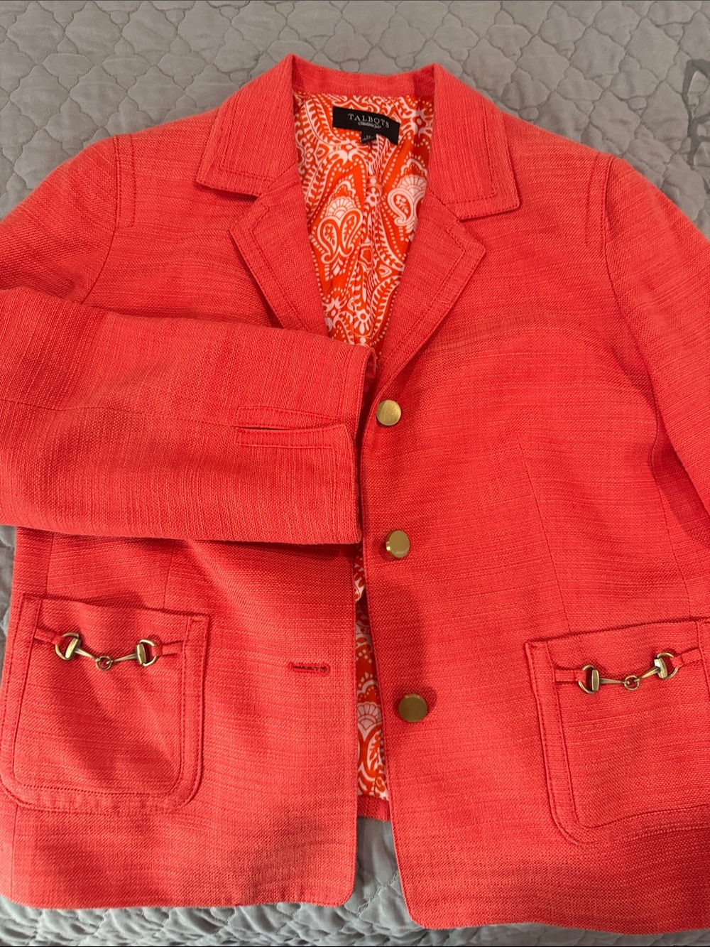 Talbots Coral-Red Textured Blazer with Gold Buttons